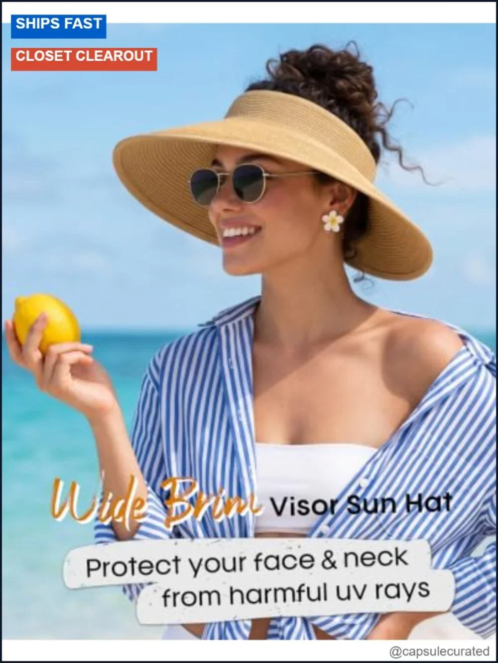 Wide Brim Straw Sun Hat Ponytail Open Top Foldable Beach UV Protection